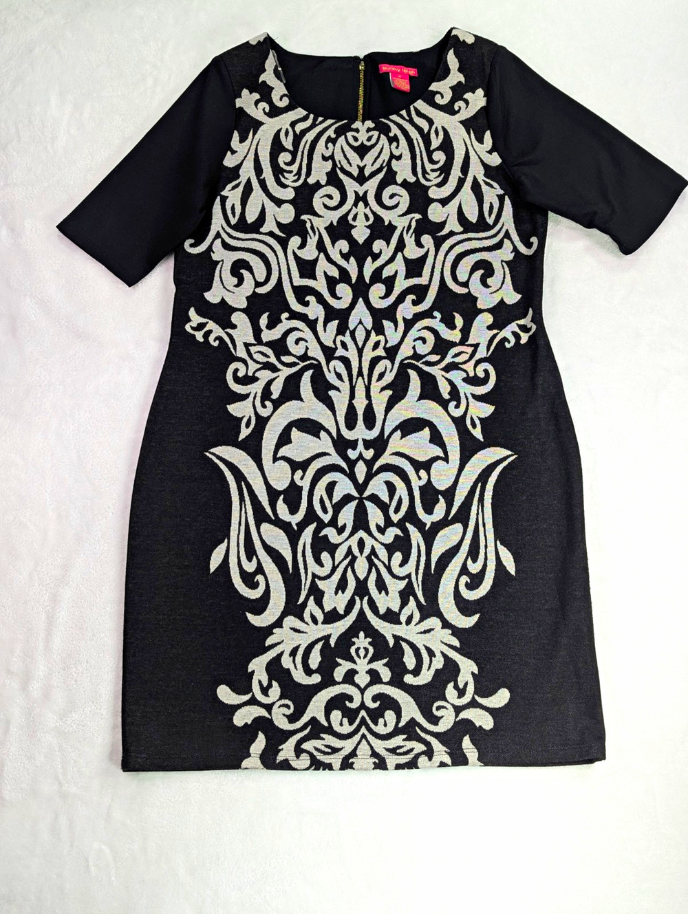 Sunny Leigh M Black Gold Zip Damask Panel Knit Sheath Dress Bodycon Work Party